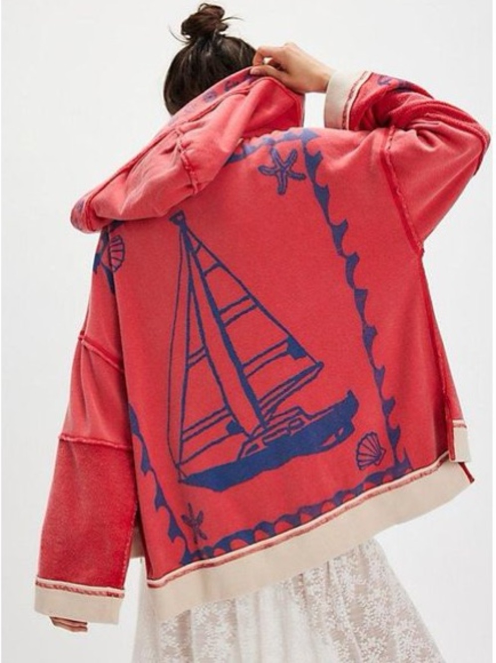 Free People Seashell Cardigan Pink Coral Hooded Oversized Small Rare Sold Out